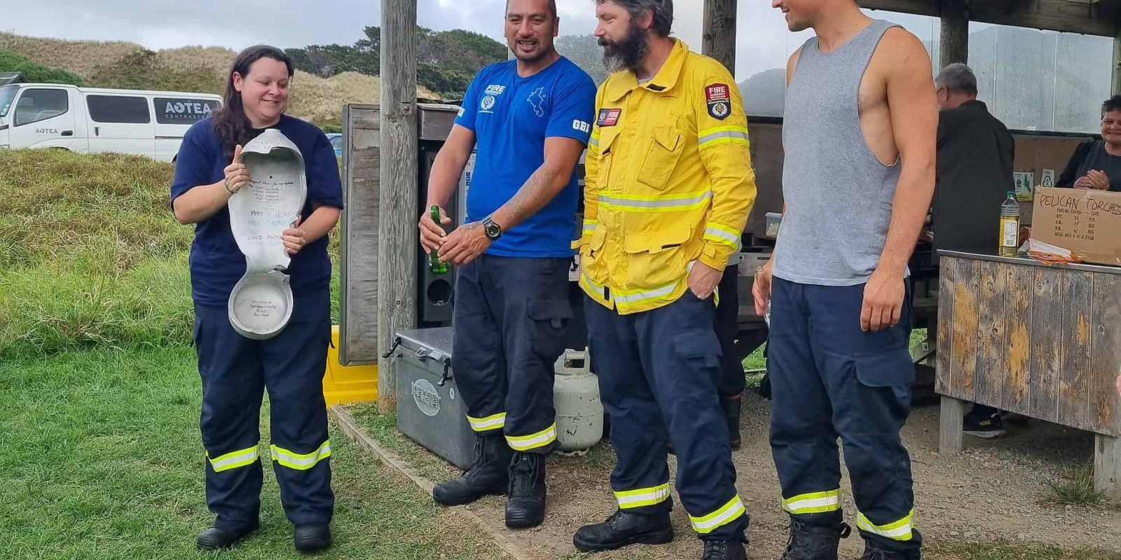 Tryphena 2 Takes the Trophy! Their cool heads and disciplined approach earned them the top spot in the Great Barrier Island fire crew time trial. Photo / Leanne Sanderson via Barrier Bulletin