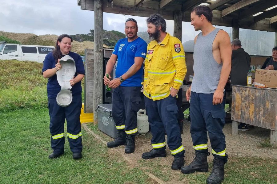 Tryphena 2 Takes the Trophy! Their cool heads and disciplined approach earned them the top spot in the Great Barrier Island fire crew time trial. Photo / Leanne Sanderson via Barrier Bulletin