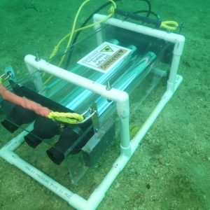 Experimental UV light unit deployed on the seafloor at Rakino Island, designed to target invasive Caulerpa species with intense ultraviolet light. Photo / University of Auckland