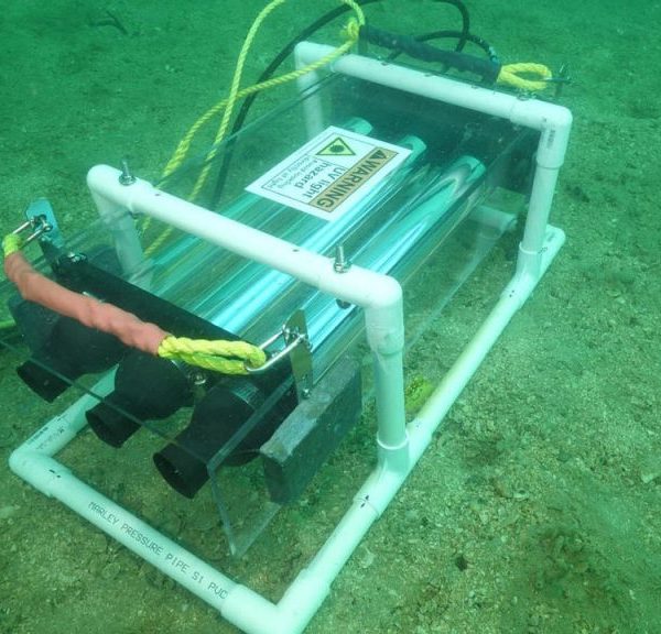 Experimental UV light unit deployed on the seafloor at Rakino Island, designed to target invasive Caulerpa species with intense ultraviolet light. Photo / University of Auckland