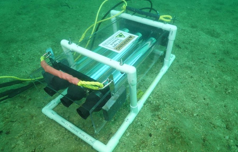 Experimental UV light unit deployed on the seafloor at Rakino Island, designed to target invasive Caulerpa species with intense ultraviolet light. Photo / University of Auckland
