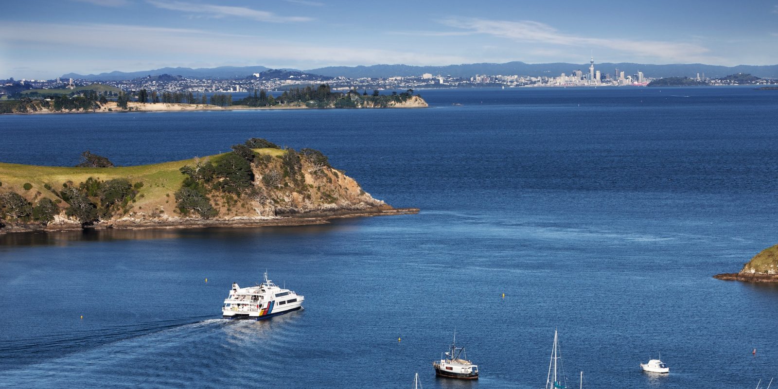 A Fullers ferry crosses the Hauraki Gulf from Waiheke Island towards Auckland. The gulf is the focus of new legislation expanding marine protection zones across the region.
