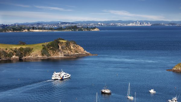 A Fullers ferry crosses the Hauraki Gulf from Waiheke Island towards Auckland. The gulf is the focus of new legislation expanding marine protection zones across the region.