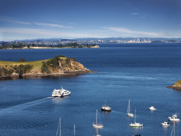A Fullers ferry crosses the Hauraki Gulf from Waiheke Island towards Auckland. The gulf is the focus of new legislation expanding marine protection zones across the region.