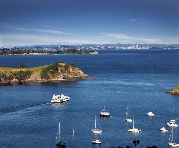 A Fullers ferry crosses the Hauraki Gulf from Waiheke Island towards Auckland. The gulf is the focus of new legislation expanding marine protection zones across the region.