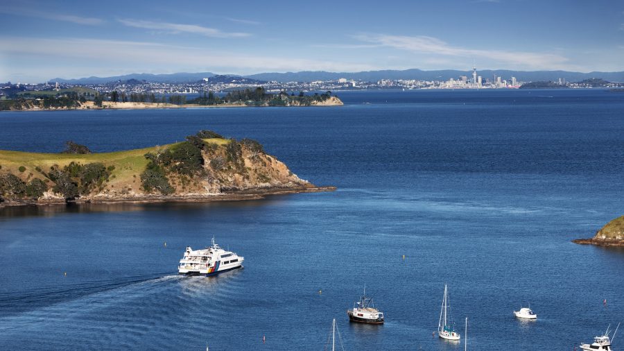 A Fullers ferry crosses the Hauraki Gulf from Waiheke Island towards Auckland. The gulf is the focus of new legislation expanding marine protection zones across the region.