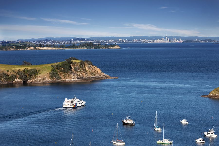 A Fullers ferry crosses the Hauraki Gulf from Waiheke Island towards Auckland. The gulf is the focus of new legislation expanding marine protection zones across the region.