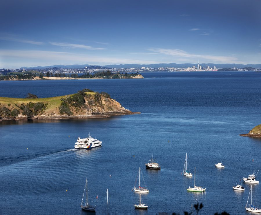 A Fullers ferry crosses the Hauraki Gulf from Waiheke Island towards Auckland. The gulf is the focus of new legislation expanding marine protection zones across the region.