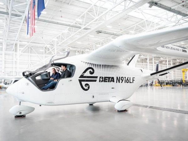 The Beta Alia CX300 — Air New Zealand’s first fully electric aircraft — inside a hangar ahead of its four-month test programme.