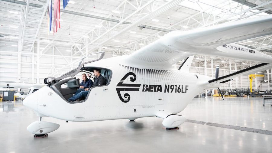 The Beta Alia CX300 — Air New Zealand’s first fully electric aircraft — inside a hangar ahead of its four-month test programme.