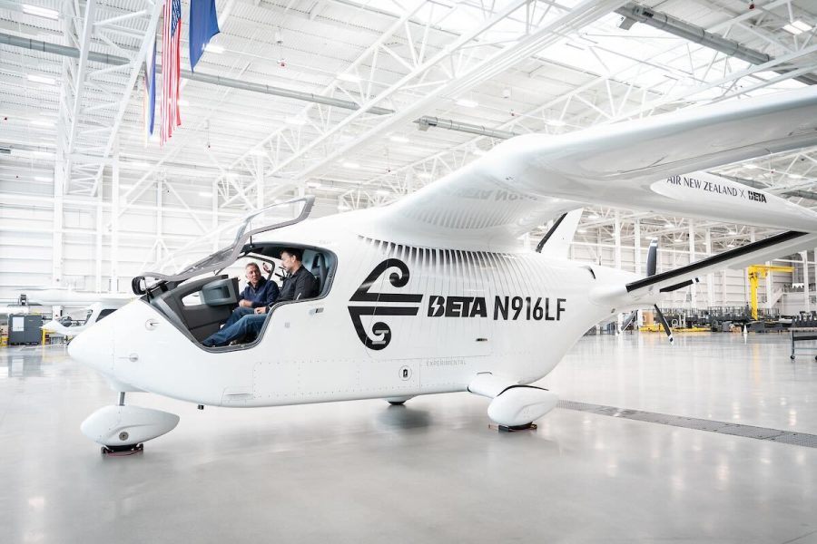 The Beta Alia CX300 — Air New Zealand’s first fully electric aircraft — inside a hangar ahead of its four-month test programme.