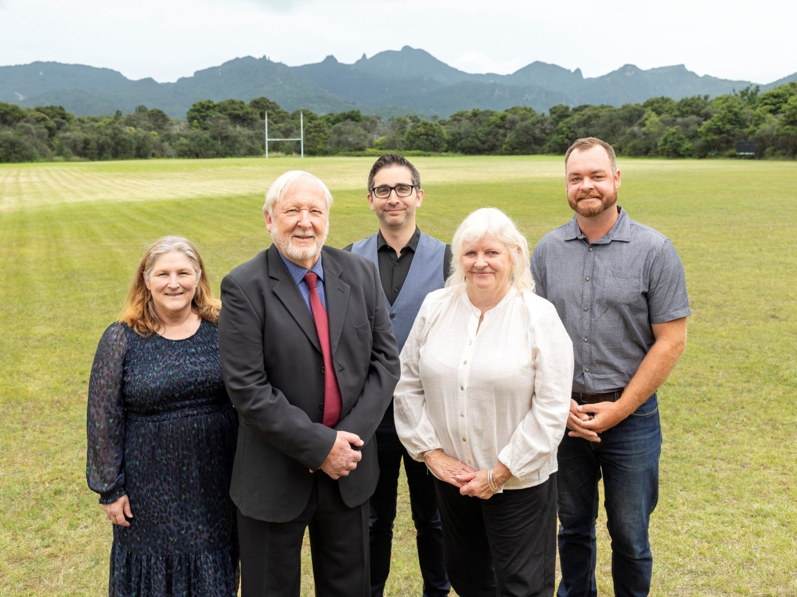 The newly sworn-in Great Barrier Local Board, from left: Nikki Watts, Christopher Ollivier, Neil Sanderson, Izzy Fordham and Ryan Daly, following Thursday’s pōhiri at the Claris Conference Centre.