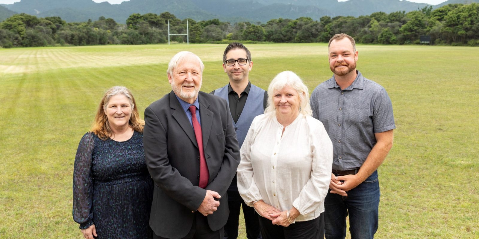 The newly sworn-in Great Barrier Local Board, from left: Nikki Watts, Christopher Ollivier, Neil Sanderson, Izzy Fordham and Ryan Daly, following Thursday’s pōhiri at the Claris Conference Centre.