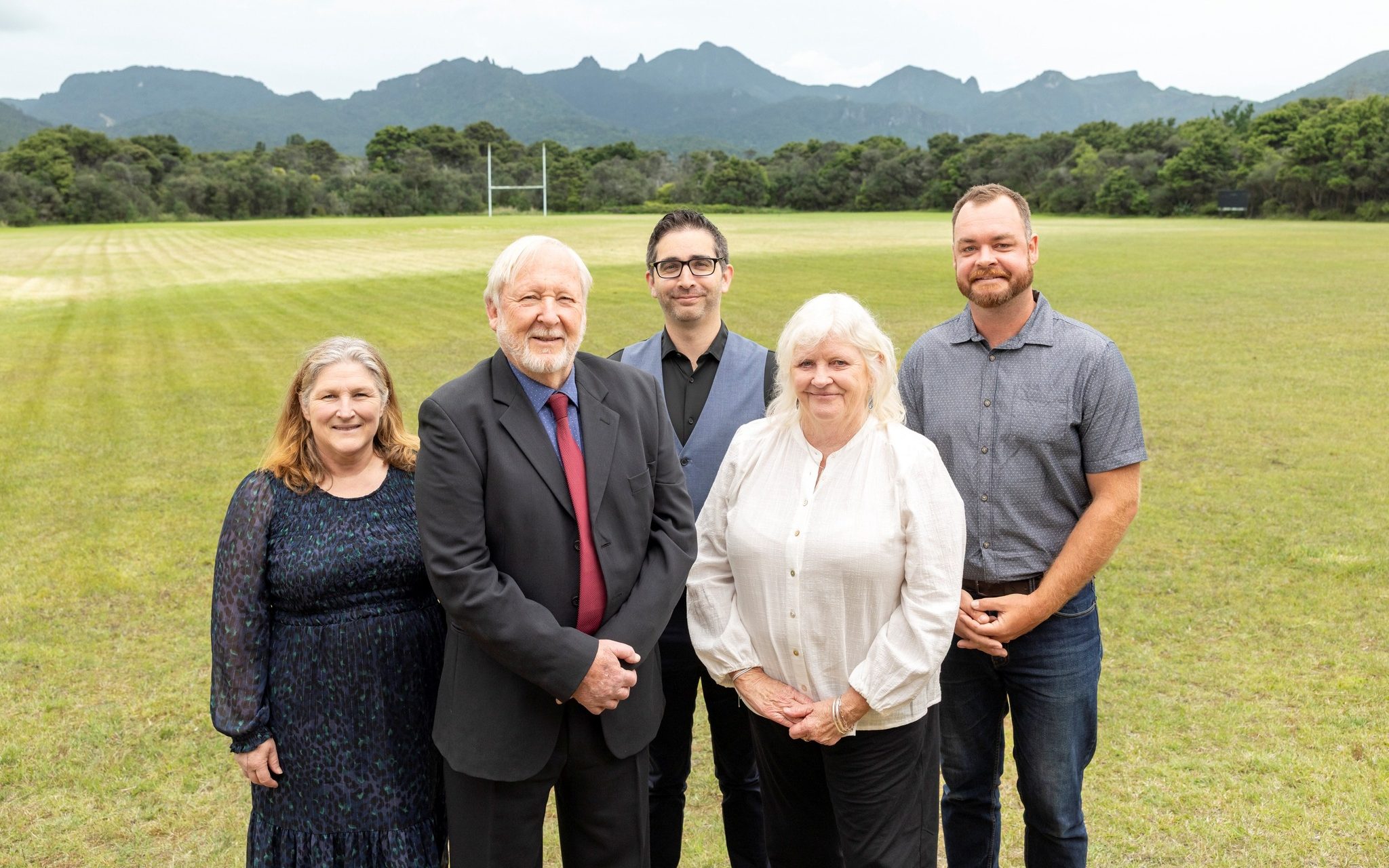 The newly sworn-in Great Barrier Local Board, from left: Nikki Watts, Christopher Ollivier, Neil Sanderson, Izzy Fordham and Ryan Daly, following Thursday’s pōhiri at the Claris Conference Centre.