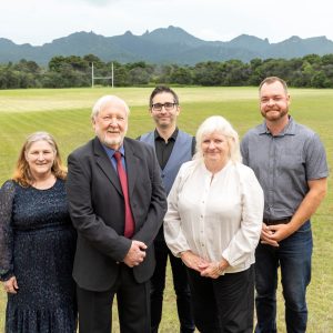 The newly sworn-in Great Barrier Local Board, from left: Nikki Watts, Christopher Ollivier, Neil Sanderson, Izzy Fordham and Ryan Daly, following Thursday’s pōhiri at the Claris Conference Centre.