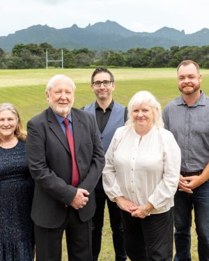 The newly sworn-in Great Barrier Local Board, from left: Nikki Watts, Christopher Ollivier, Neil Sanderson, Izzy Fordham and Ryan Daly, following Thursday’s pōhiri at the Claris Conference Centre.