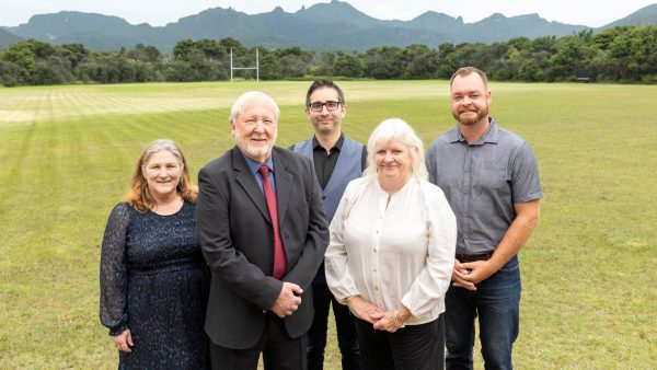 The newly sworn-in Great Barrier Local Board, from left: Nikki Watts, Christopher Ollivier, Neil Sanderson, Izzy Fordham and Ryan Daly, following Thursday’s pōhiri at the Claris Conference Centre.