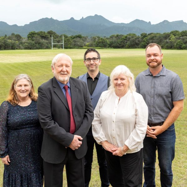 The newly sworn-in Great Barrier Local Board, from left: Nikki Watts, Christopher Ollivier, Neil Sanderson, Izzy Fordham and Ryan Daly, following Thursday’s pōhiri at the Claris Conference Centre.