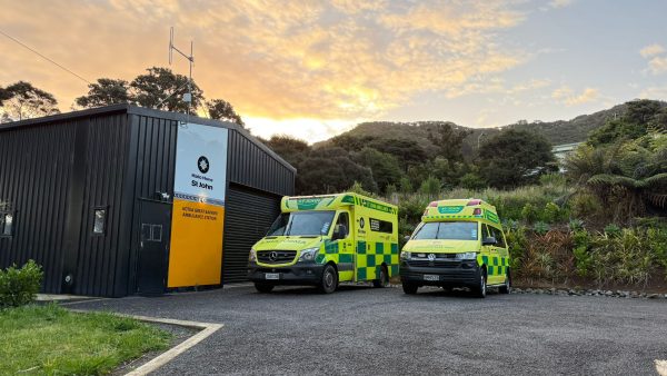 Ambulances outside the Tryphena station, which now operates under a new partnership between St John and Aotea Health.
