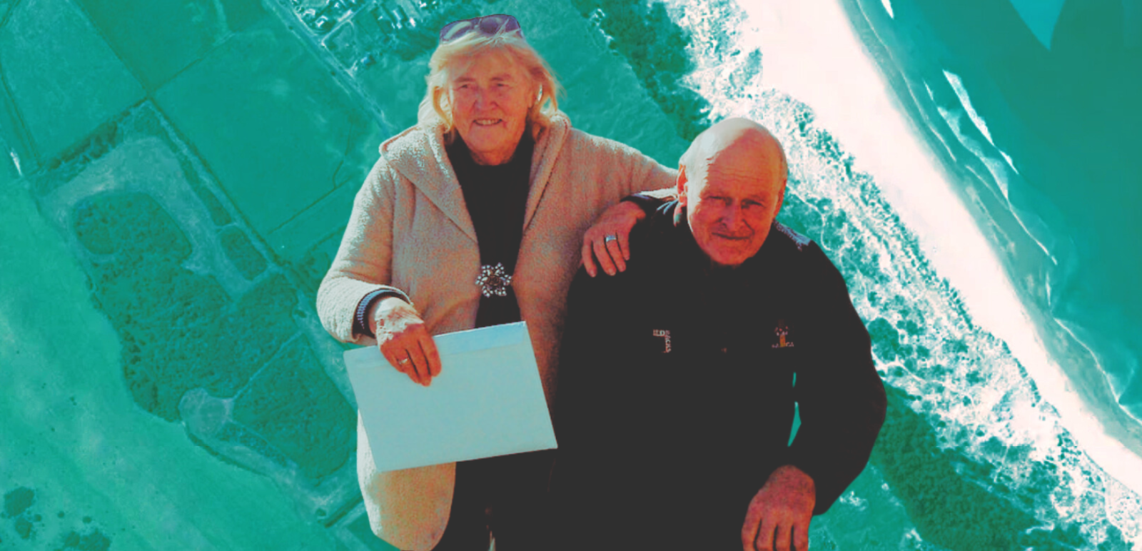 Composite image of Charlie and Winnie Blackwell above the Kaitoke flats on Great Barrier Island, showing the mānuka scrub and swamp area at the centre of the Council’s investigation.