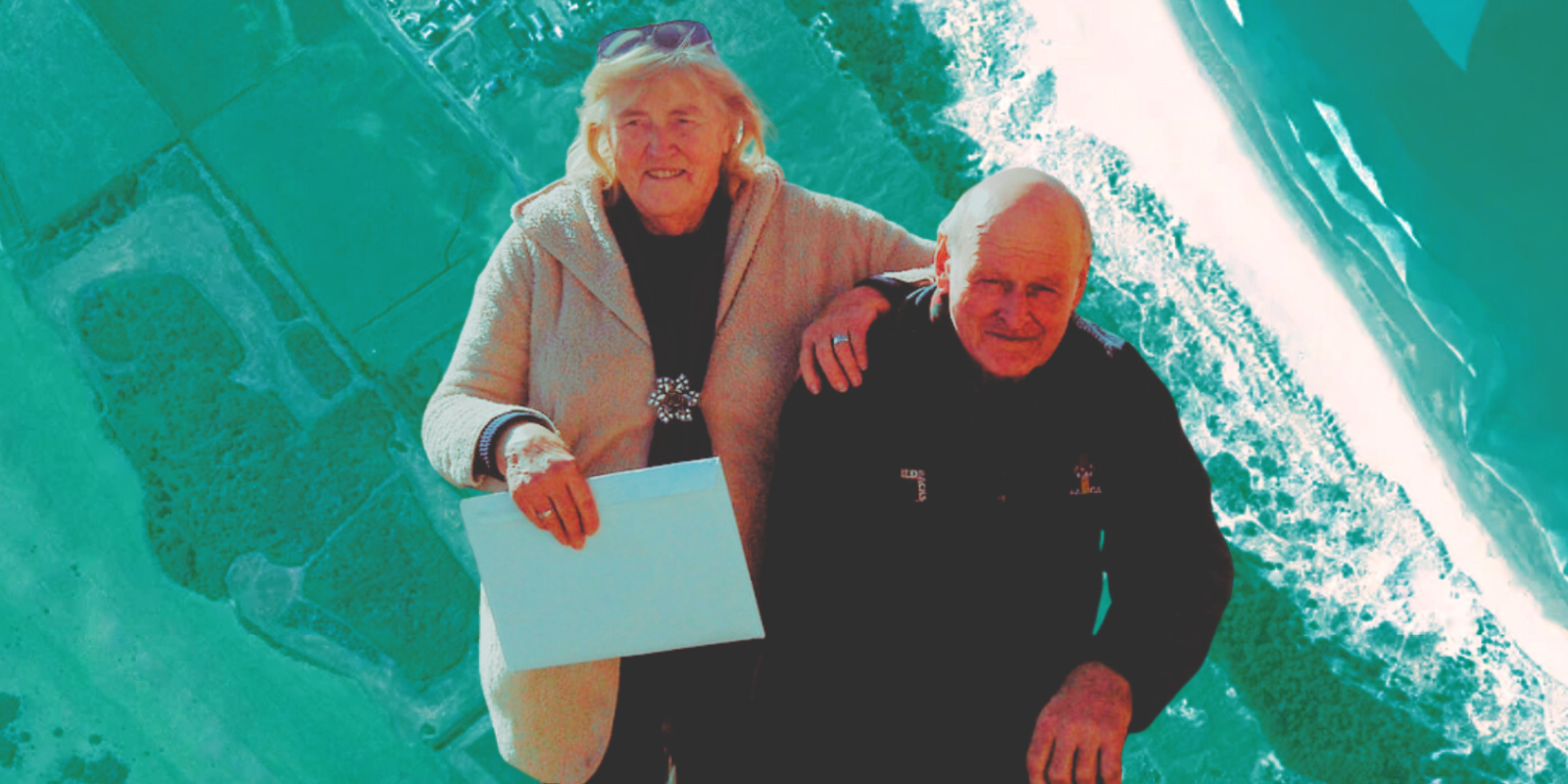 Composite image of Charlie and Winnie Blackwell above the Kaitoke flats on Great Barrier Island, showing the mānuka scrub and swamp area at the centre of the Council’s investigation.