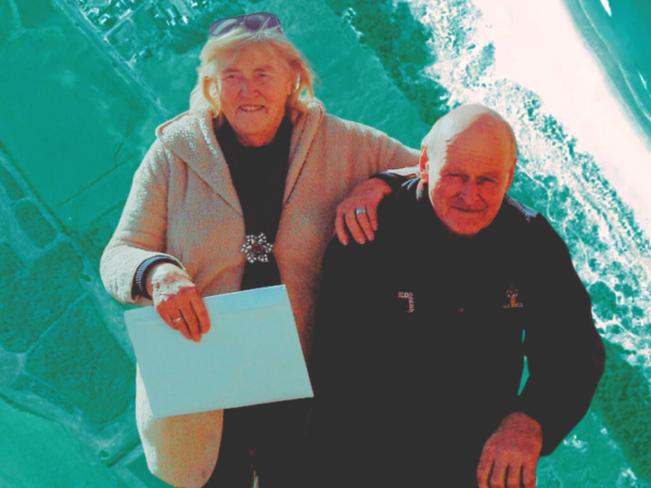 Composite image of Charlie and Winnie Blackwell above the Kaitoke flats on Great Barrier Island, showing the mānuka scrub and swamp area at the centre of the Council’s investigation.