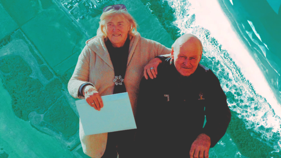 Composite image of Charlie and Winnie Blackwell above the Kaitoke flats on Great Barrier Island, showing the mānuka scrub and swamp area at the centre of the Council’s investigation.