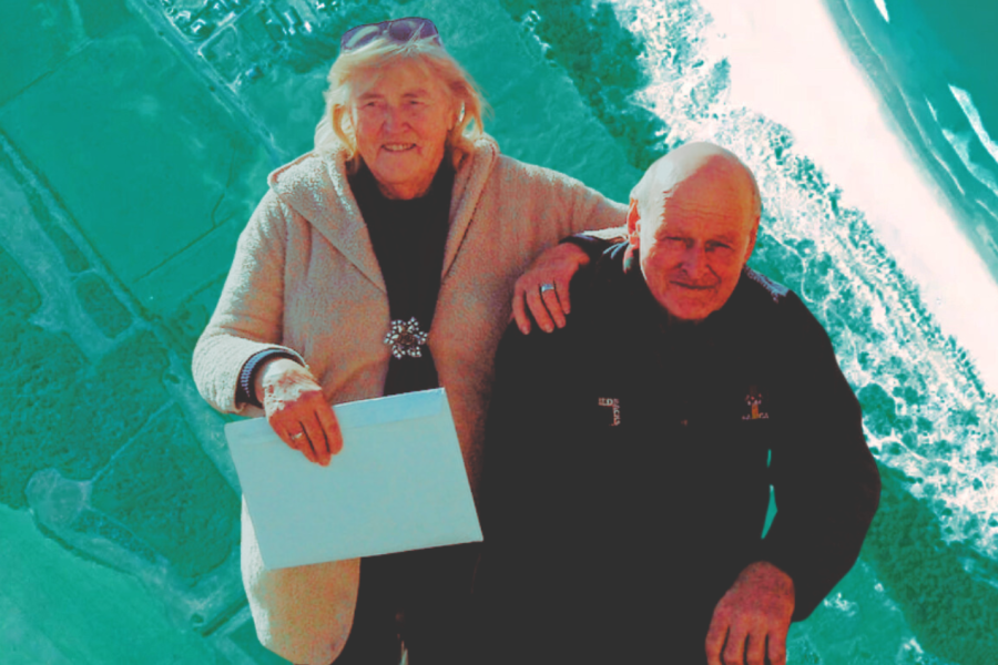 Composite image of Charlie and Winnie Blackwell above the Kaitoke flats on Great Barrier Island, showing the mānuka scrub and swamp area at the centre of the Council’s investigation.