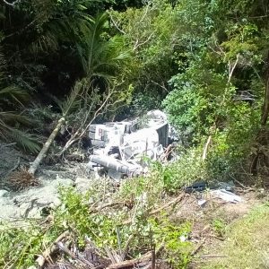 An Aotea Contractors truck lies at the bottom of a steep, bush-covered bank below Medland Road.