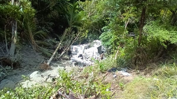 An Aotea Contractors truck lies at the bottom of a steep, bush-covered bank below Medland Road.