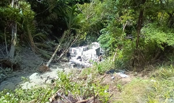 An Aotea Contractors truck lies at the bottom of a steep, bush-covered bank below Medland Road.
