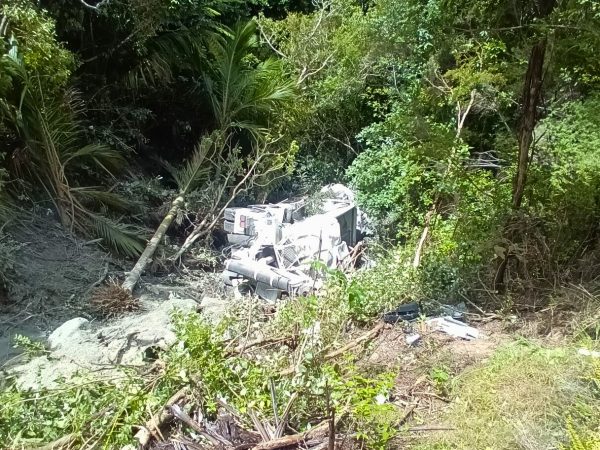 An Aotea Contractors truck lies at the bottom of a steep, bush-covered bank below Medland Road.